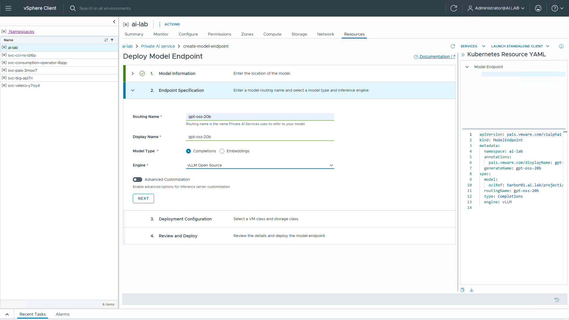 Deploying an LLM from the vSphere Client LLM Plug-in
